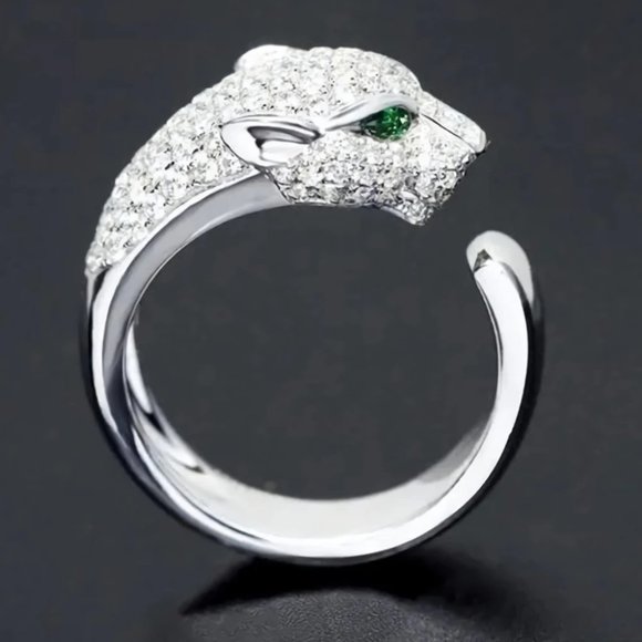 Beautiful Homage Green Eyed Diamond Panther Head Ring .925 Sterling Silver - Picture 8 of 9